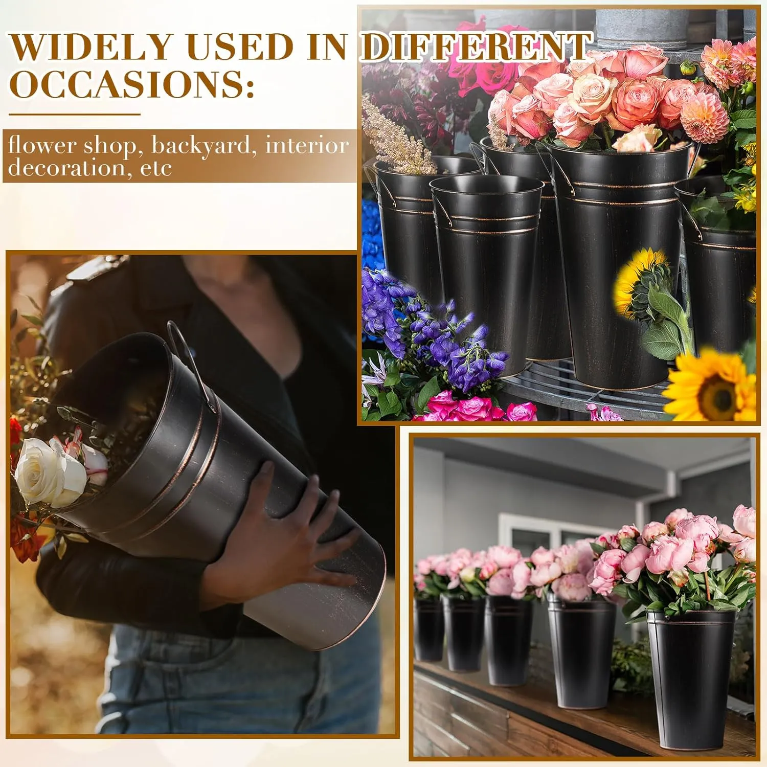Irenare 12 Inch Vintage Galvanized Flower Bucket Metal Flower Vase Farmhouse French Bucket Planter Metal Floral Container for Party Table Centerpiece Weddings Home(Black,6 Pcs)