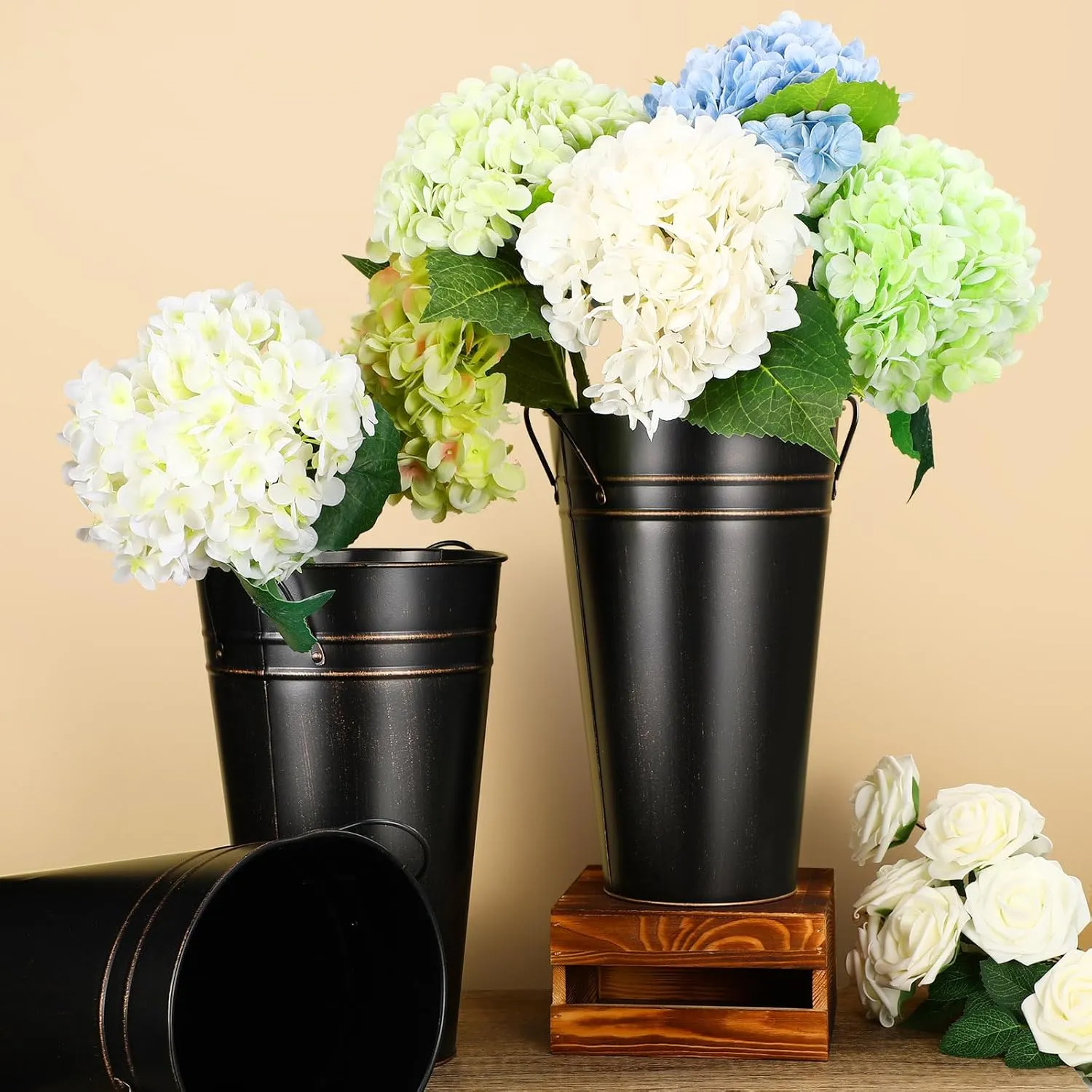 Irenare 12 Inch Vintage Galvanized Flower Bucket Metal Flower Vase Farmhouse French Bucket Planter Metal Floral Container for Party Table Centerpiece Weddings Home(Black,6 Pcs)