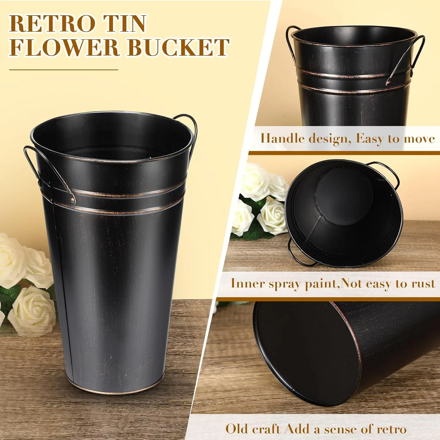 Irenare 12 Inch Vintage Galvanized Flower Bucket Metal Flower Vase Farmhouse French Bucket Planter Metal Floral Container for Party Table Centerpiece Weddings Home(Black,6 Pcs)