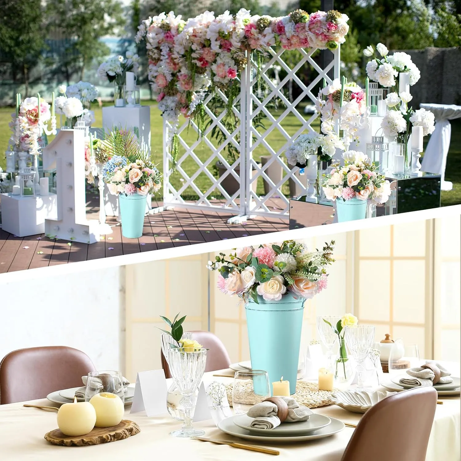 Irenare 12 Inch Vintage Galvanized Flower Bucket Metal Flower Vase Farmhouse French Bucket Planter Metal Floral Container for Party Table Centerpiece Weddings Home(Ice Blue,6 Pcs)