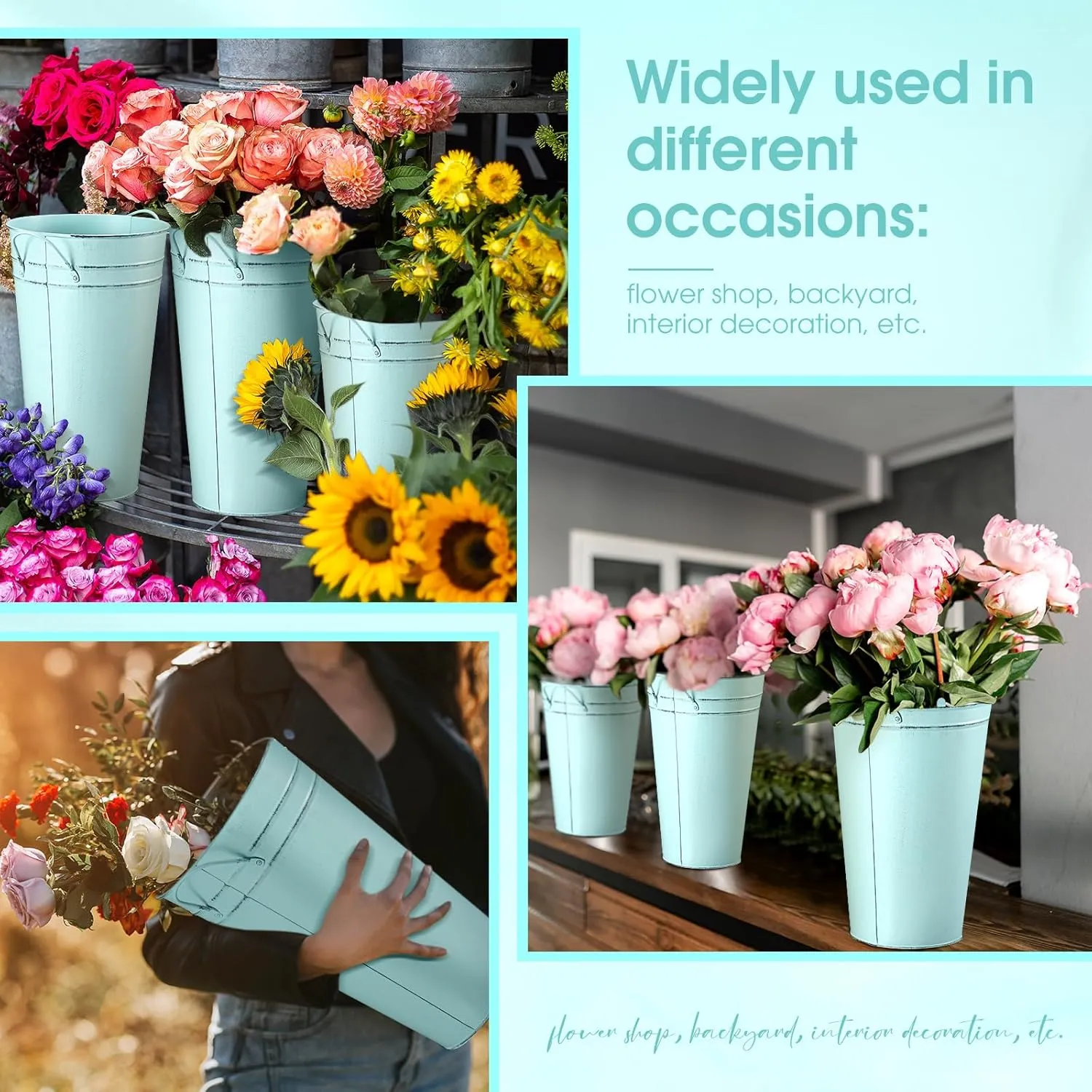 Irenare 12 Inch Vintage Galvanized Flower Bucket Metal Flower Vase Farmhouse French Bucket Planter Metal Floral Container for Party Table Centerpiece Weddings Home(Ice Blue,6 Pcs)