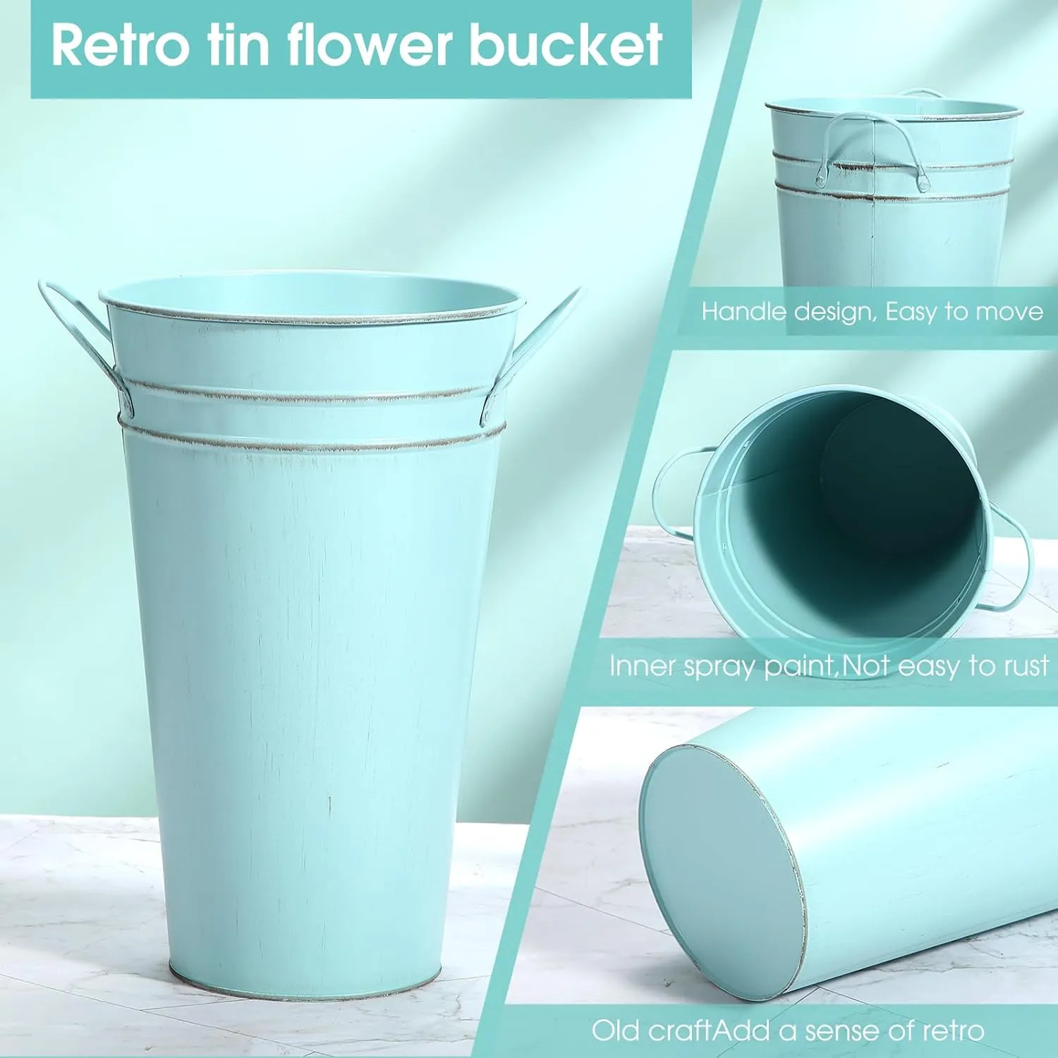 Irenare 12 Inch Vintage Galvanized Flower Bucket Metal Flower Vase Farmhouse French Bucket Planter Metal Floral Container for Party Table Centerpiece Weddings Home(Ice Blue,6 Pcs)