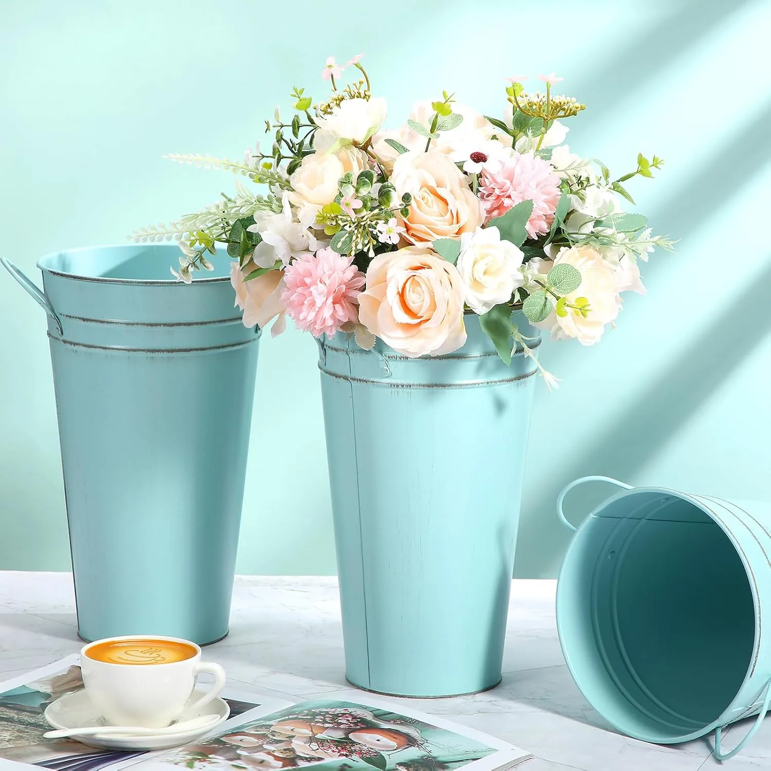 Irenare 12 Inch Vintage Galvanized Flower Bucket Metal Flower Vase Farmhouse French Bucket Planter Metal Floral Container for Party Table Centerpiece Weddings Home(Ice Blue,6 Pcs)