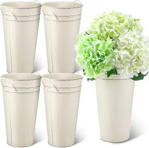 Irenare 12 Inch Vintage Galvanized Flower Bucket Metal Flower Vase Farmhouse French Bucket Planter Metal Floral Container for Party Table Centerpiece Weddings Home(White,4 Pcs)