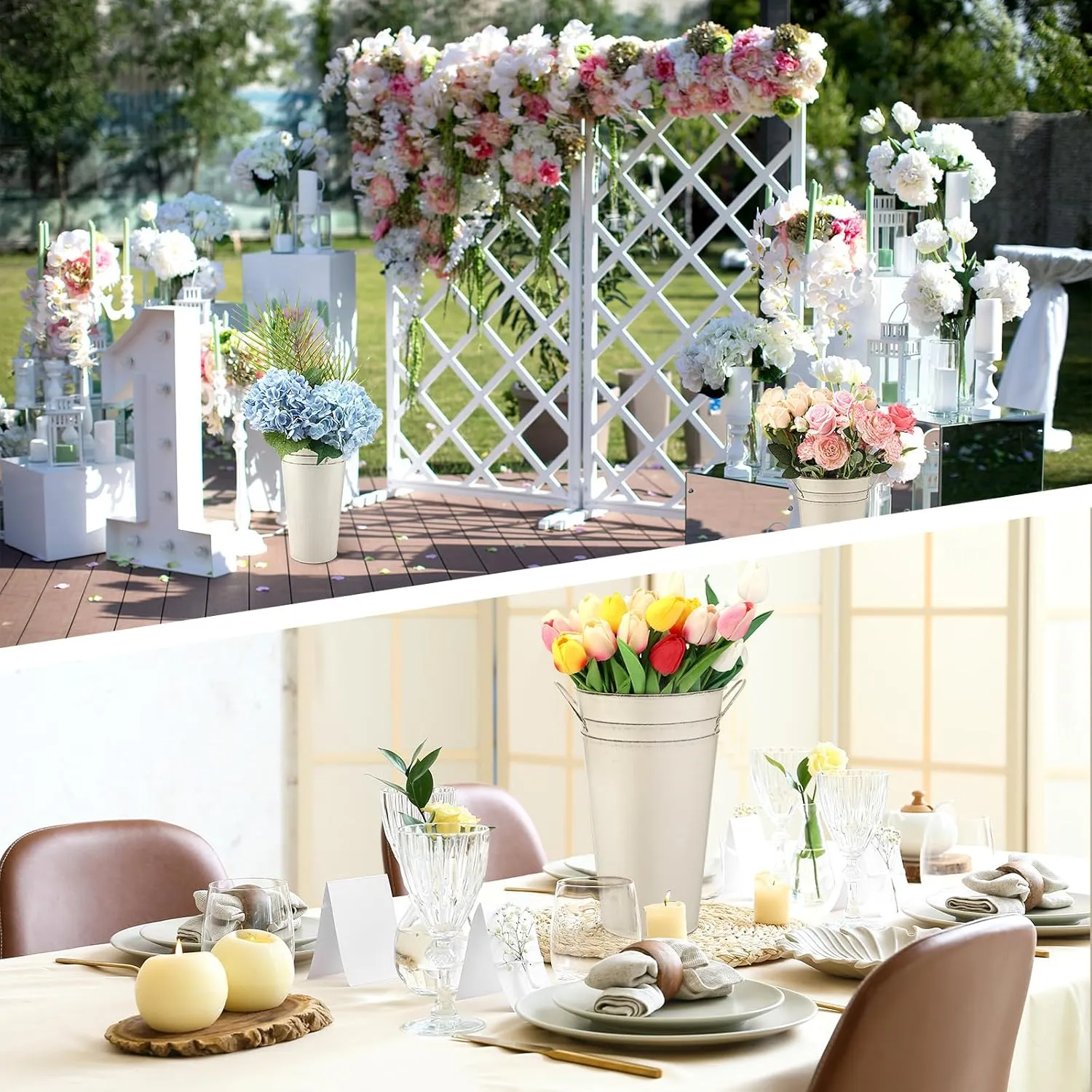 Irenare 12 Inch Vintage Galvanized Flower Bucket Metal Flower Vase Farmhouse French Bucket Planter Metal Floral Container for Party Table Centerpiece Weddings Home(White,4 Pcs)