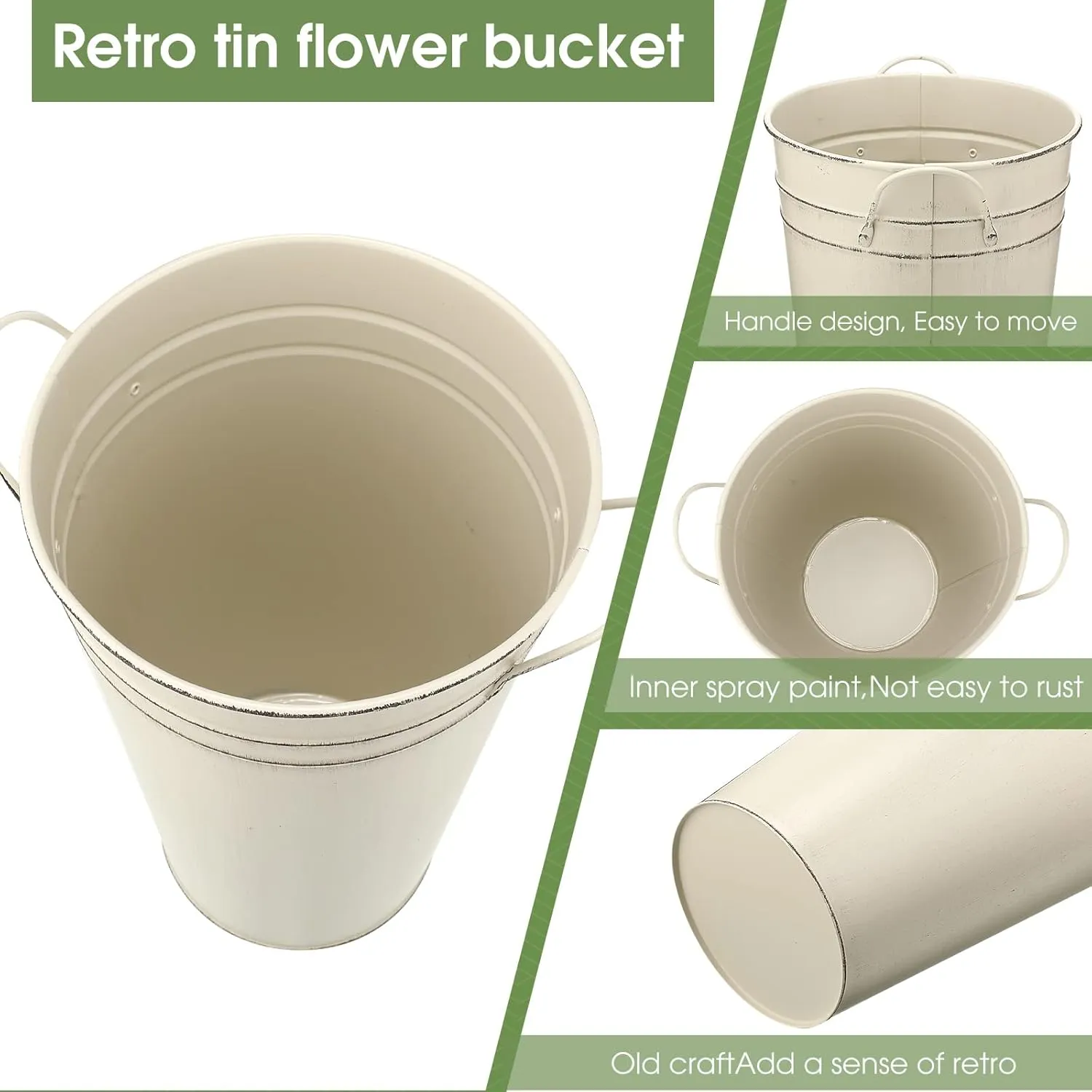 Irenare 12 Inch Vintage Galvanized Flower Bucket Metal Flower Vase Farmhouse French Bucket Planter Metal Floral Container for Party Table Centerpiece Weddings Home(White,4 Pcs)