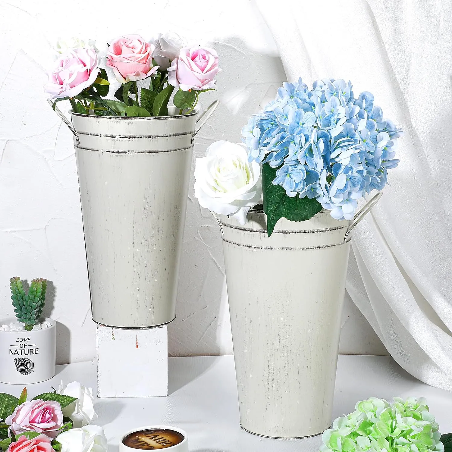 Irenare 12 Inch Vintage Galvanized Flower Bucket Metal Flower Vase Farmhouse French Bucket Planter Metal Floral Container for Party Table Centerpiece Weddings Home(White,4 Pcs)