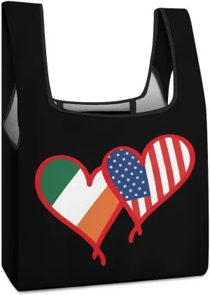 Irish Flag And US Flag Novelty Reusable Grocery Bag Fold-able Shopping Bags Washable Tote Lightweight Storage Pouch with Handle