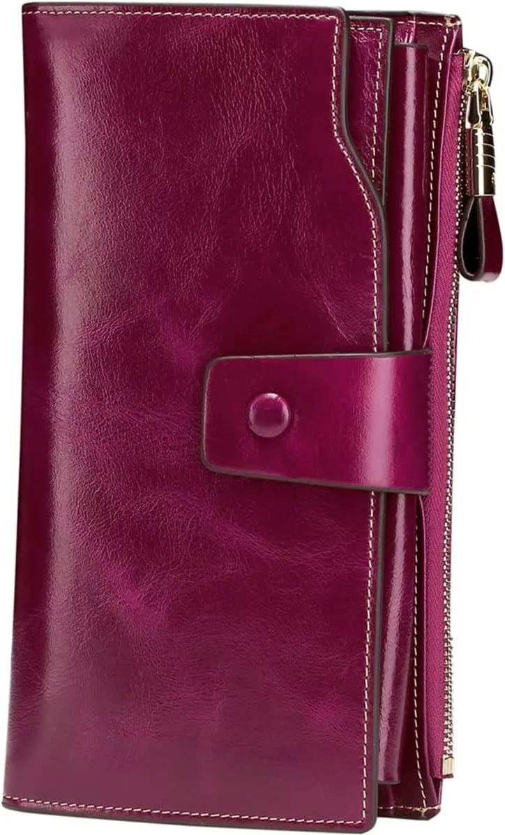 Itslife Womens Wallet RFID Blocking Large Capacity Luxury Wax Genuine Leather Wallets Clutch Wallet Ladies Card holder, Fuchsia