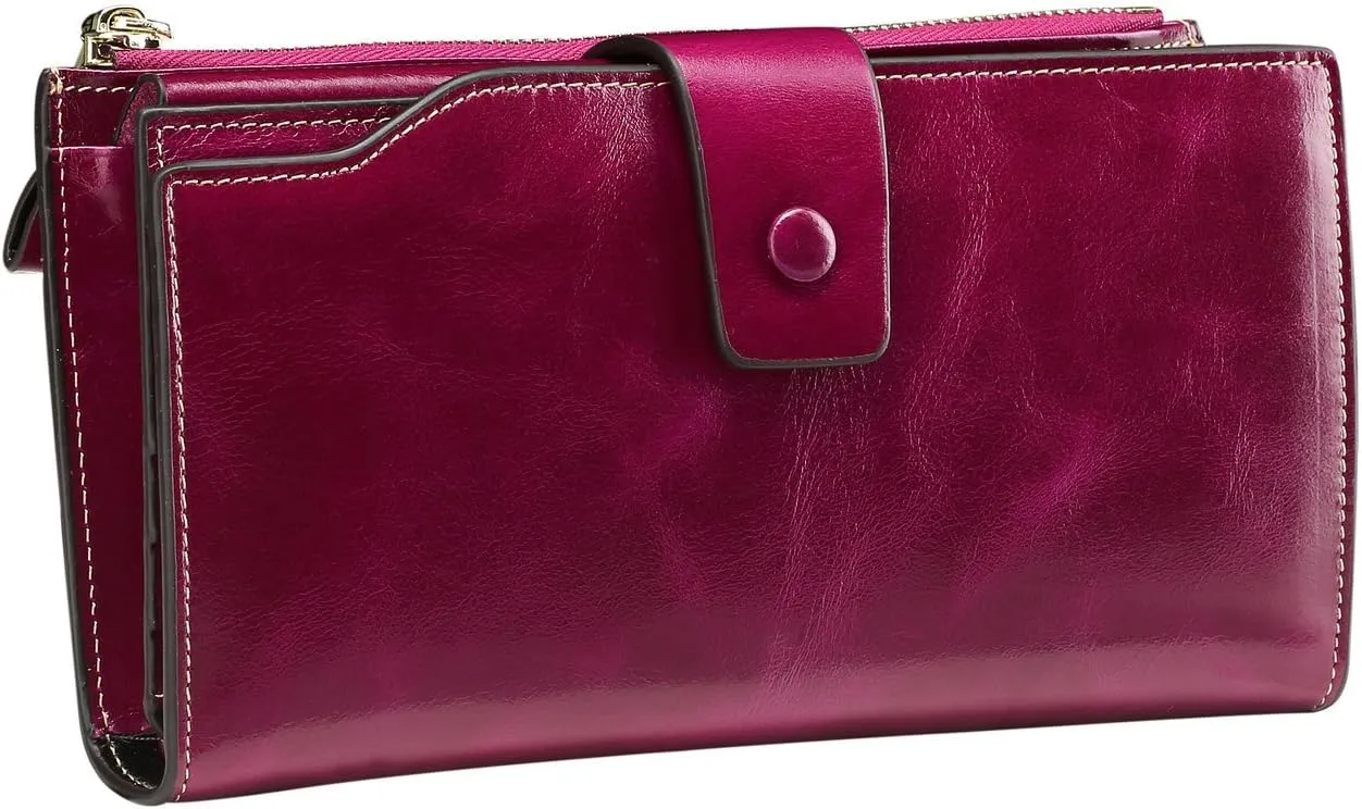 Itslife Womens Wallet RFID Blocking Large Capacity Luxury Wax Genuine Leather Wallets Clutch Wallet Ladies Card holder, Fuchsia