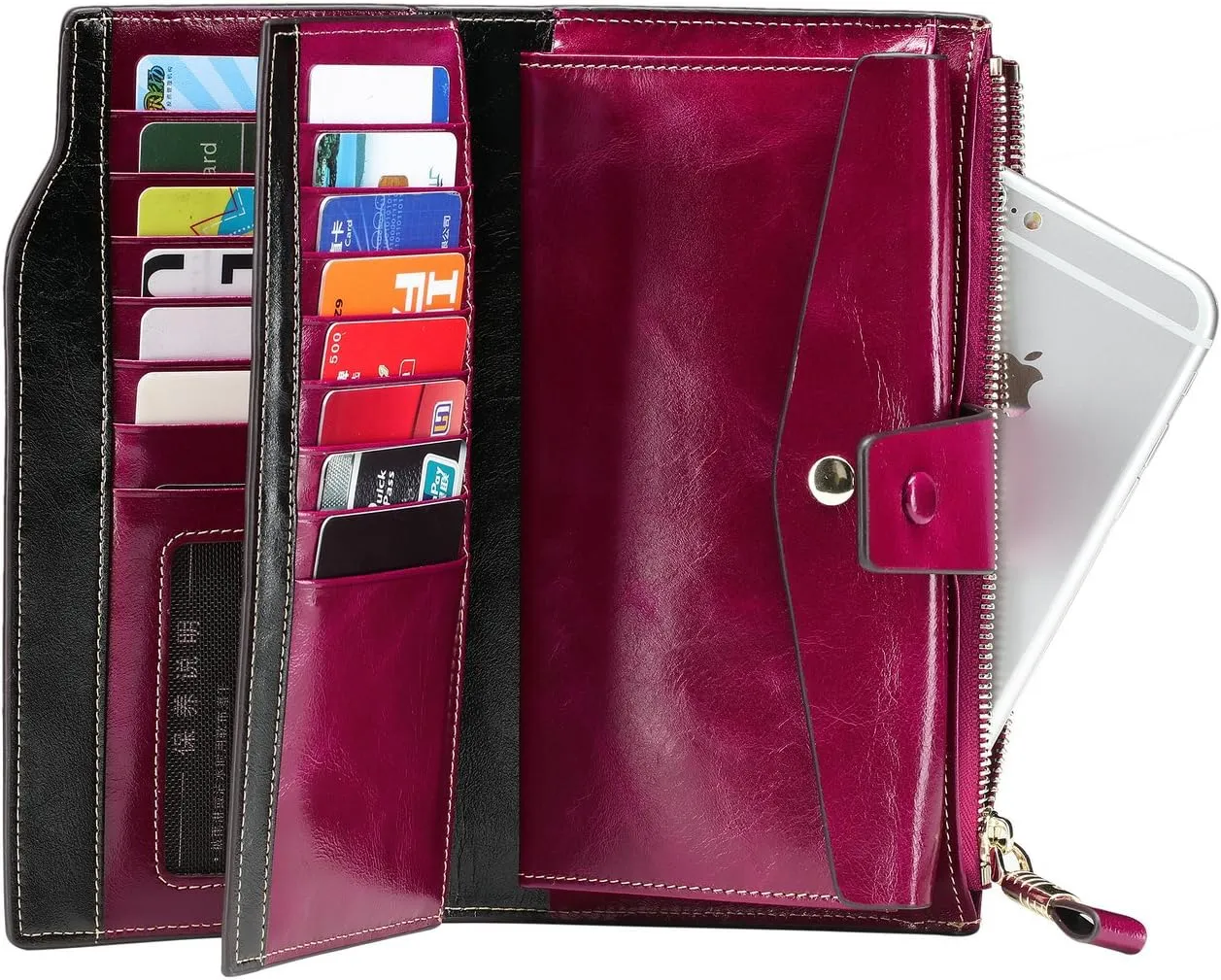 Itslife Womens Wallet RFID Blocking Large Capacity Luxury Wax Genuine Leather Wallets Clutch Wallet Ladies Card holder, Fuchsia