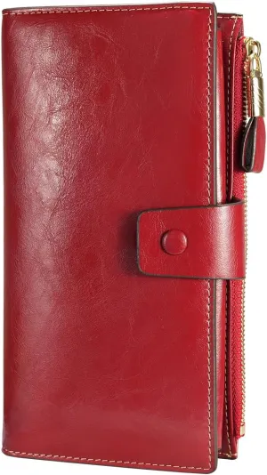 Itslife Womens Wallet RFID Blocking Large Capacity Luxury Wax Genuine Leather Wallets Clutch Wallet Ladies Card holder, Red