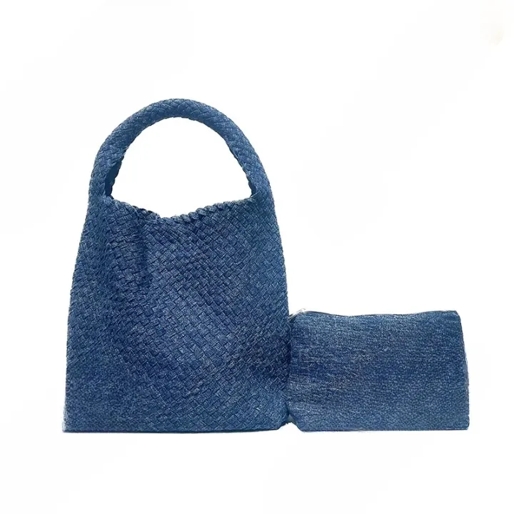 Izara Distressed Denim Serpentine Woven Totes
