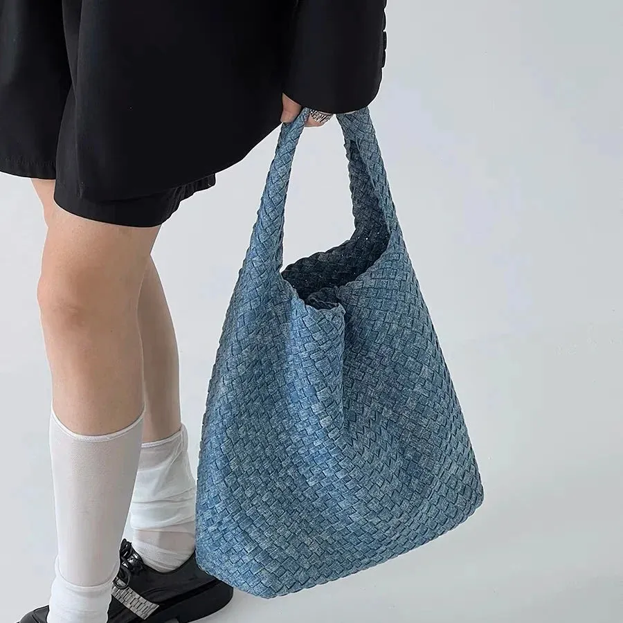 Izara Distressed Denim Serpentine Woven Totes