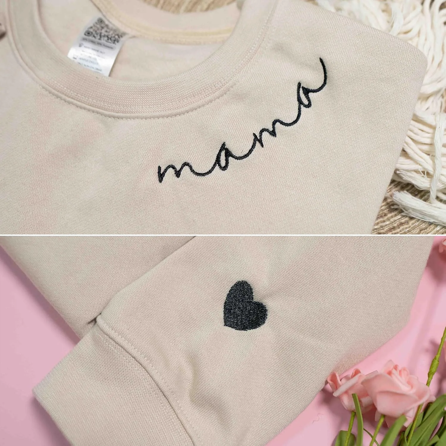 IZI POD - Mom Mama Embroidered Crewneck Sweatshirt Heart On The Sleeve For Women -Gifts For Mom Birthday Mother Day Christmas