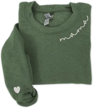 IZI POD - Mom Mama Embroidered Crewneck Sweatshirt Heart On The Sleeve For Women -Gifts For Mom Birthday Mother Day Christmas