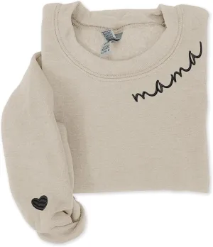 IZI POD - Mom Mama Embroidered Crewneck Sweatshirt Heart On The Sleeve For Women -Gifts For Mom Birthday Mother Day Christmas