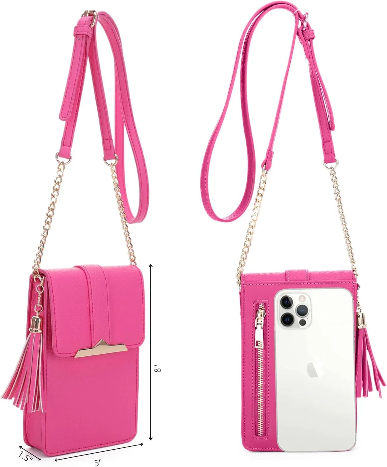 Izzy & Ali Compact Phone Crossbody Bag, Rectangular, Tassel Accent, Adjustable Chain Strap, Magnetic Flap Closure