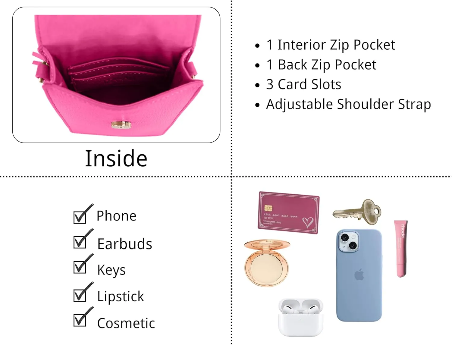 Izzy & Ali Compact Phone Crossbody Bag, Rectangular, Tassel Accent, Adjustable Chain Strap, Magnetic Flap Closure
