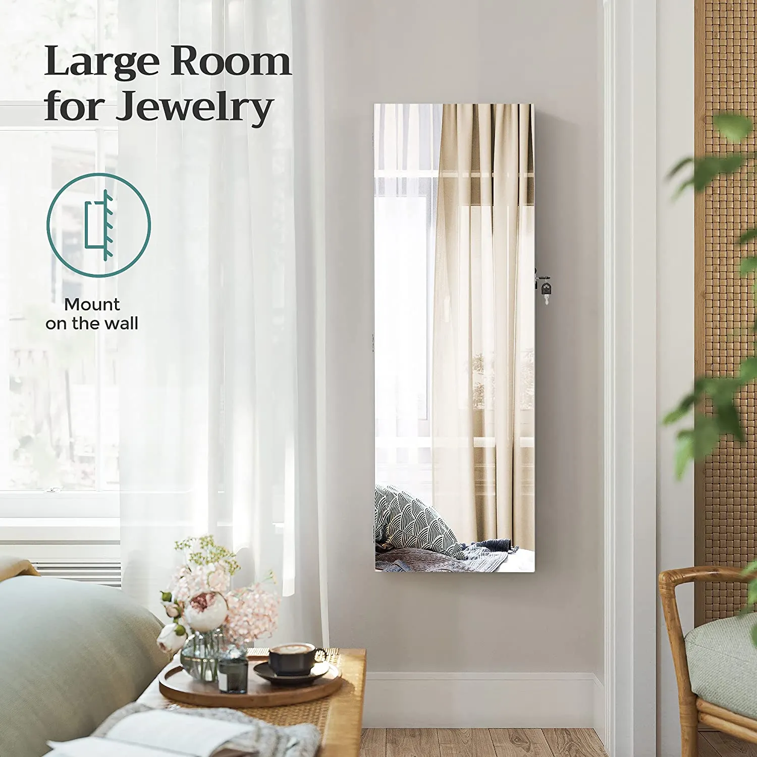 Jewellery Cabinet With Frameless Mirror - White