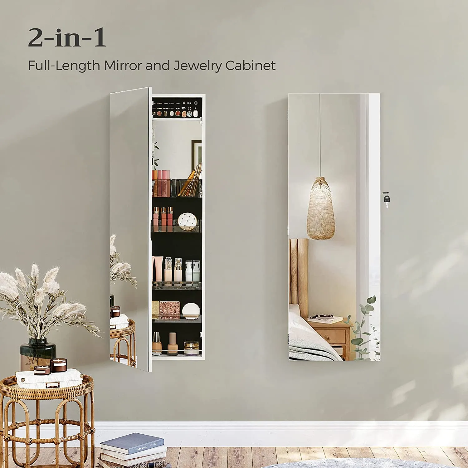 Jewellery Cabinet With Frameless Mirror - White