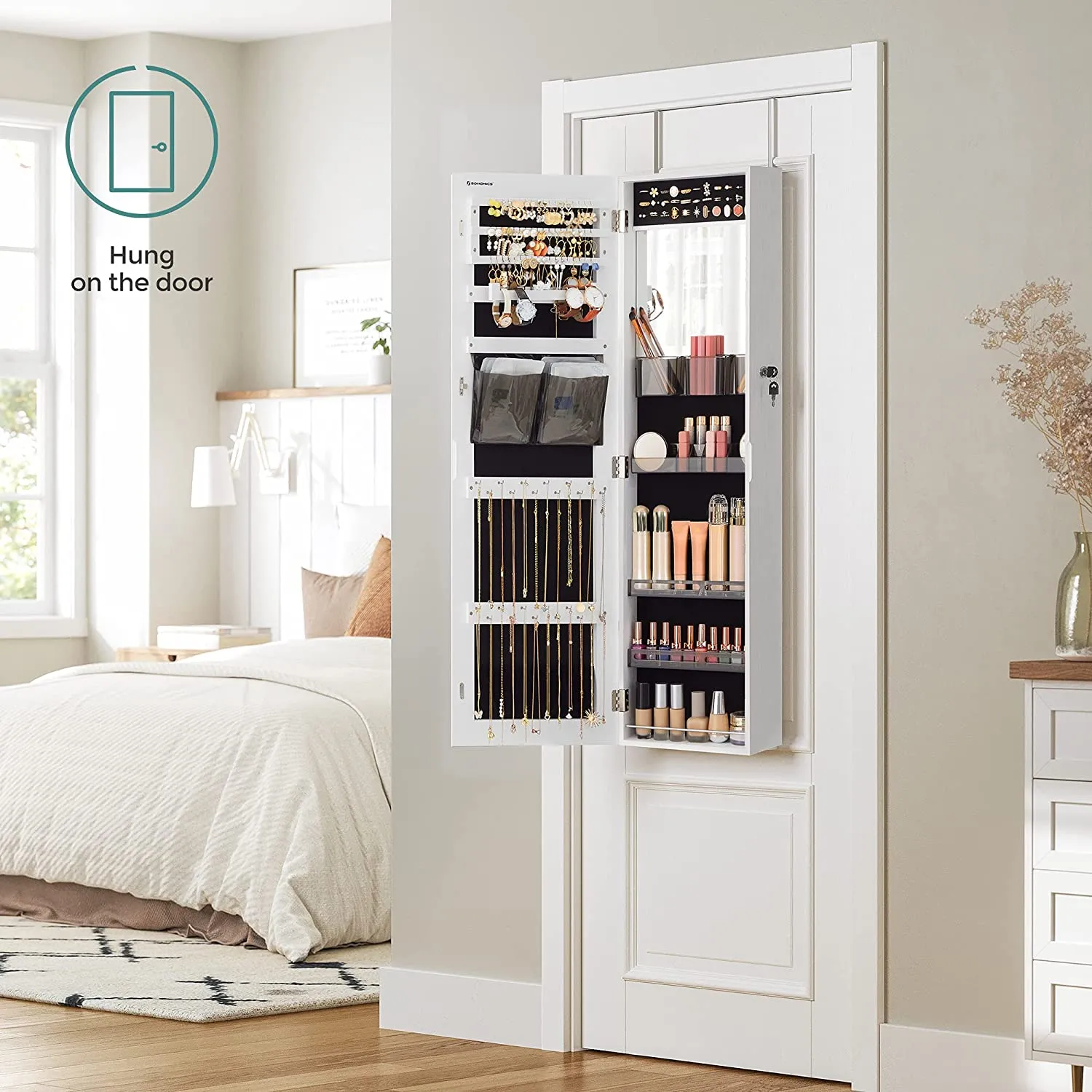 Jewellery Cabinet With Frameless Mirror - White
