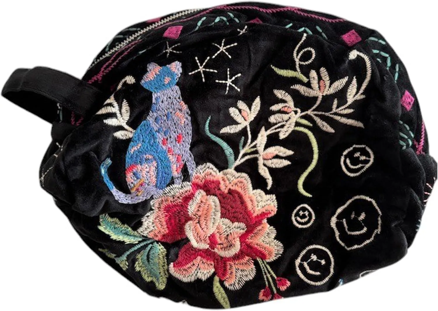 Johnny Was Colette Cotton Velvet Makeup Bag Floral Embroidered Cosmetic Handbag Black NEW
