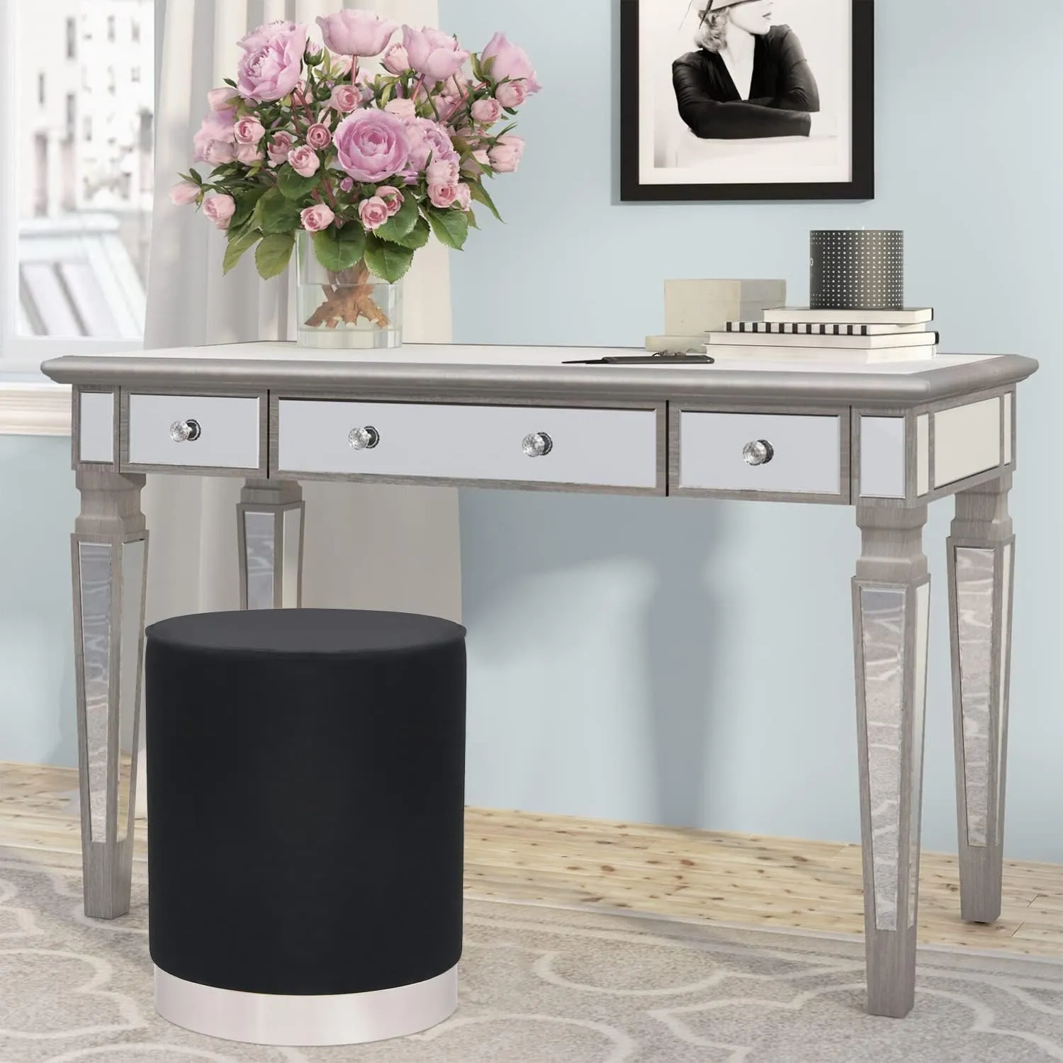 Joveco 17.7" Height Vanity Stool Ottoman, Upholstered Round Footrest Stool Makeup Chair, Mid Century Modern Side Table for Bedroom Girls Room Living Room (A-Black)
