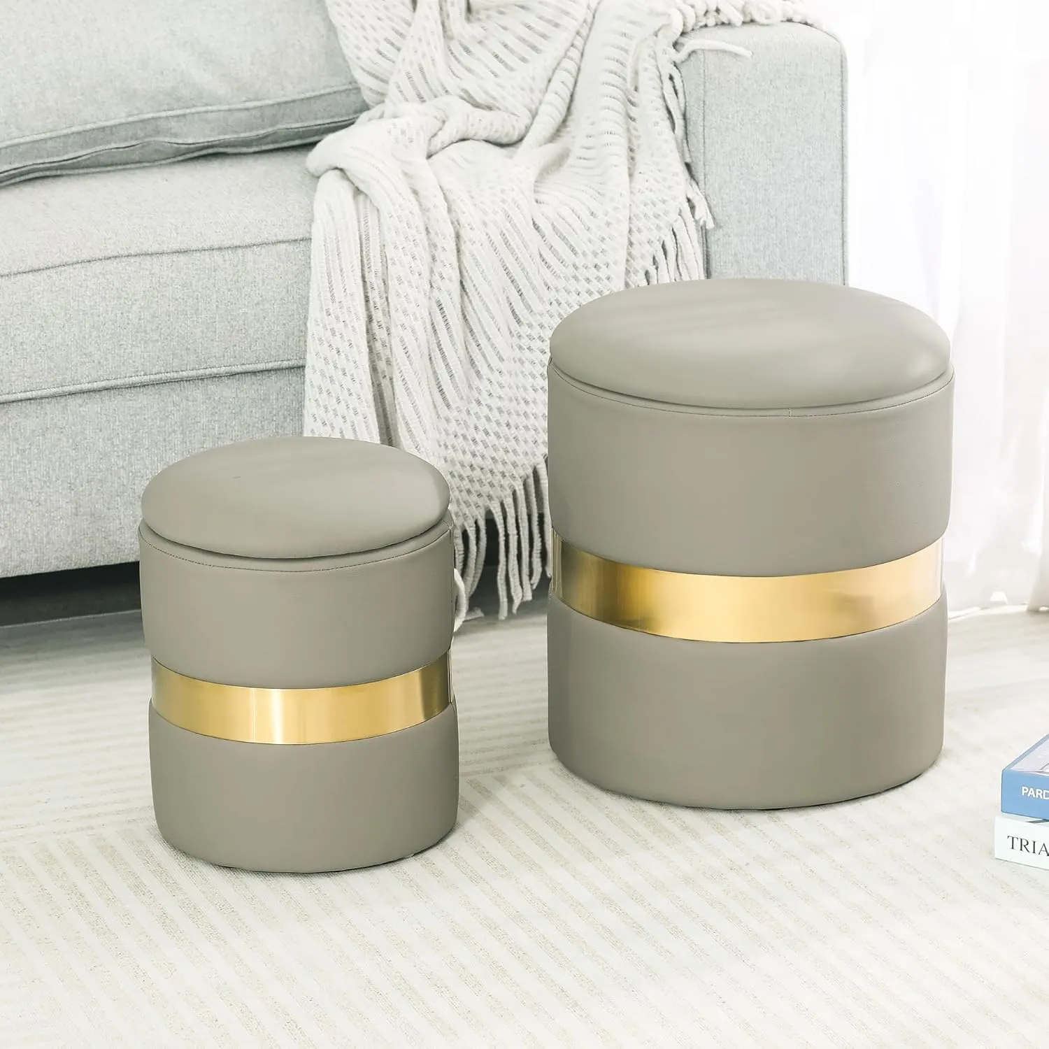 Joveco Round Set of 2 Ottoman with Storage-Upholstered Leather Vanity Stool for Makeup Multifunctional Ottomans Padded Seat Foot Rest for Living Room&Bedroom with Metal Band (Dark Beige)