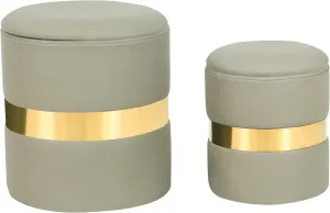 Joveco Round Set of 2 Ottoman with Storage-Upholstered Leather Vanity Stool for Makeup Multifunctional Ottomans Padded Seat Foot Rest for Living Room&Bedroom with Metal Band (Dark Beige)