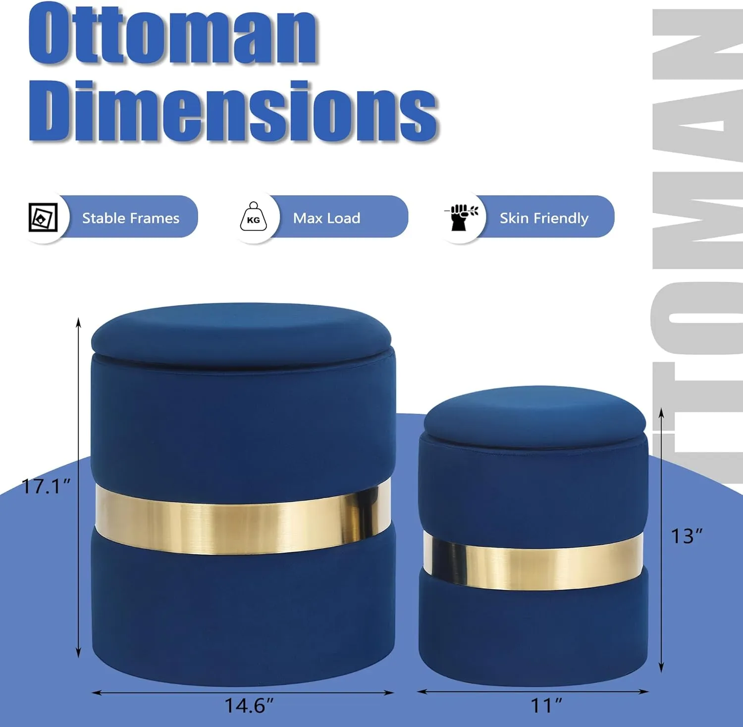 Joveco Round Set of 2 Ottoman with Storage-Upholstered Velvet Vanity Stool for Makeup Multifunctional Ottomans Padded Seat Foot Rest for Living Room&Bedroom with Metal Band (Blue)