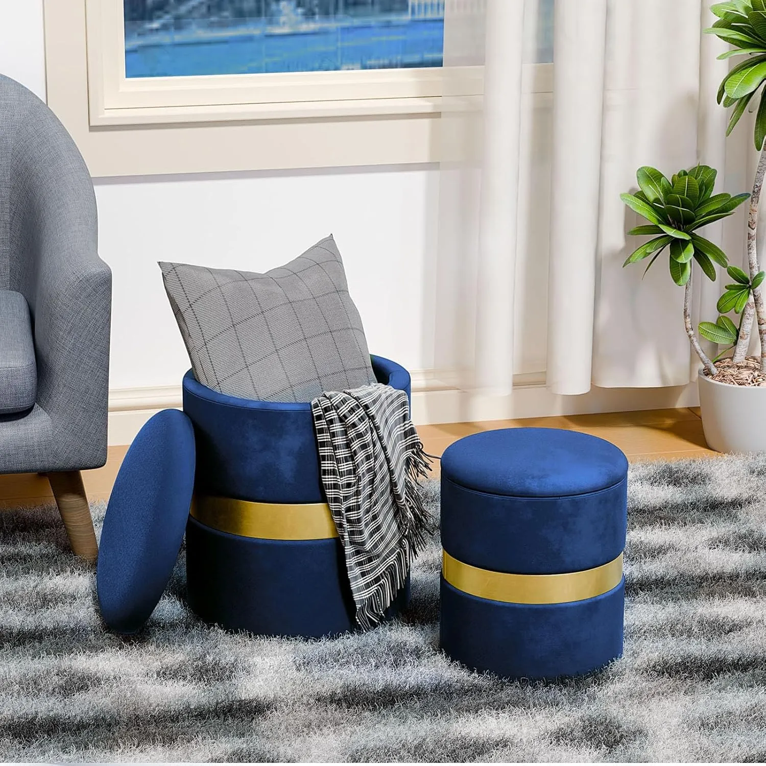 Joveco Round Set of 2 Ottoman with Storage-Upholstered Velvet Vanity Stool for Makeup Multifunctional Ottomans Padded Seat Foot Rest for Living Room&Bedroom with Metal Band (Blue)