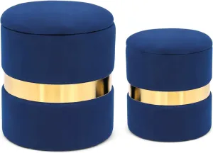 Joveco Round Set of 2 Ottoman with Storage-Upholstered Velvet Vanity Stool for Makeup Multifunctional Ottomans Padded Seat Foot Rest for Living Room&Bedroom with Metal Band (Blue)