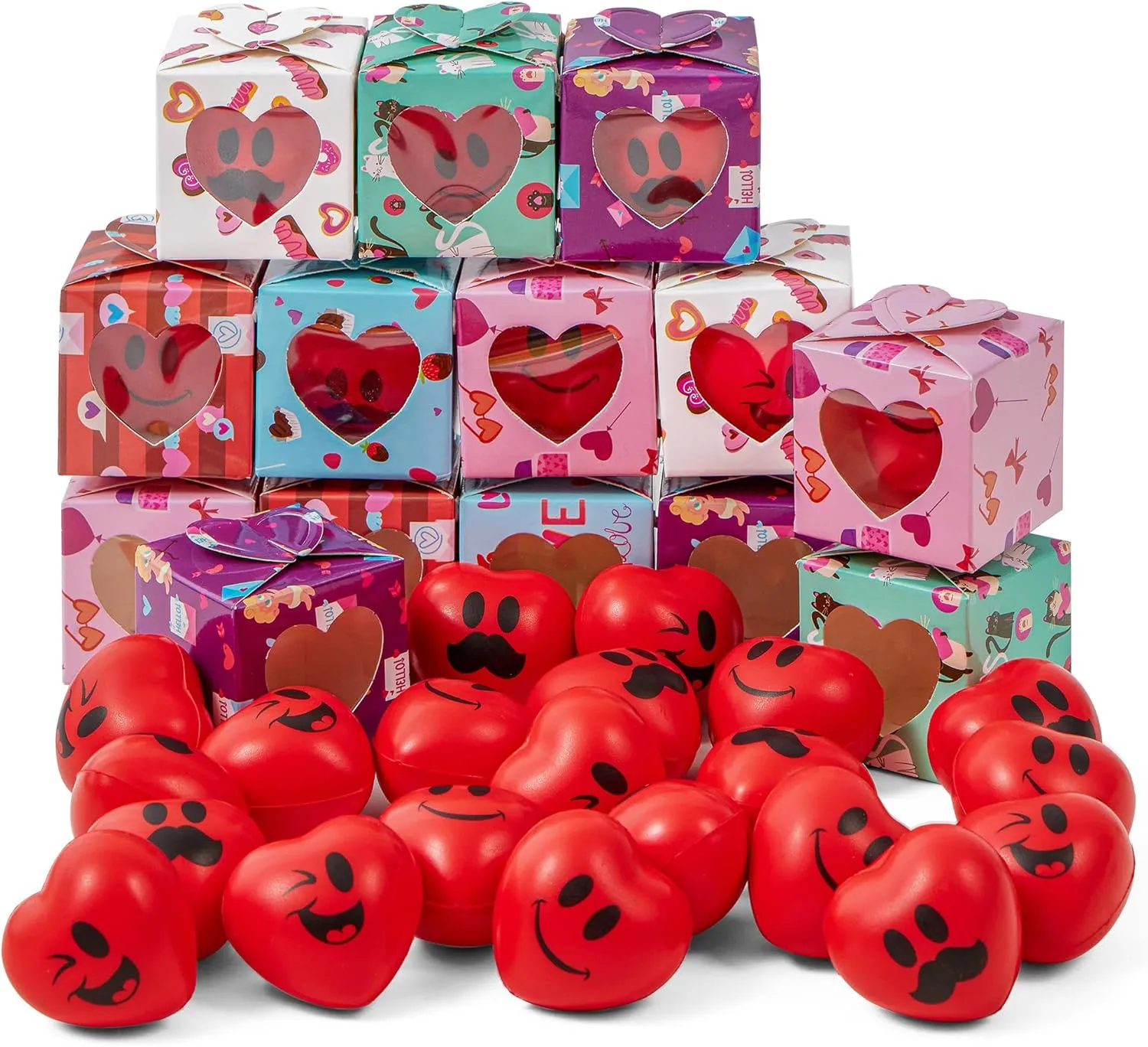 JOYIN 28 Pack Valentine Heart Stress Balls - Smile Face Squeeze Toys with Themed Gift Box, Face Foam Stress Relief Balls for Party Favors, Classroom Exchange, Game Reward