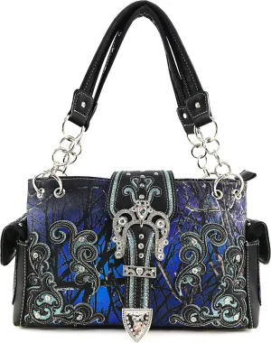 Justin West Camouflage Tree Bling Rhinestone Angel Wing Cross Shoulder Concealed Carry Handbag Purse (Blue Buckle Handbag Only)