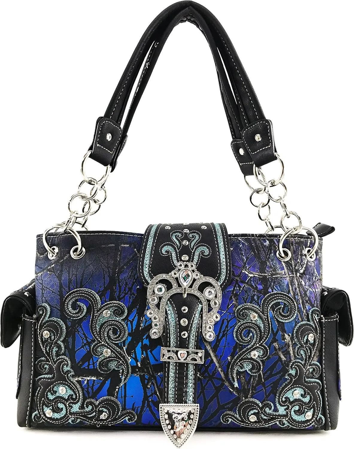 Justin West Camouflage Tree Bling Rhinestone Angel Wing Cross Shoulder Concealed Carry Handbag Purse (Blue Buckle Handbag Only)