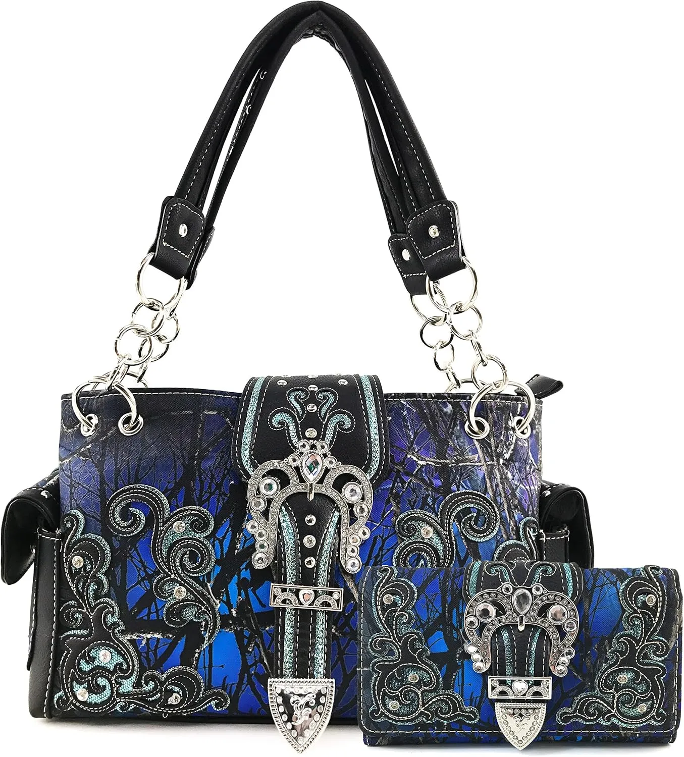 Justin West Camouflage Tree Bling Rhinestone Angel Wing Cross Shoulder Concealed Carry Handbag Purse