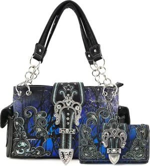 Justin West Camouflage Tree Bling Rhinestone Angel Wing Cross Shoulder Concealed Carry Handbag Purse