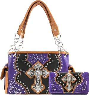 Justin West Floral Studs Laser Cut Western Rhinestone Cross Handbag Purse Conceal Carry