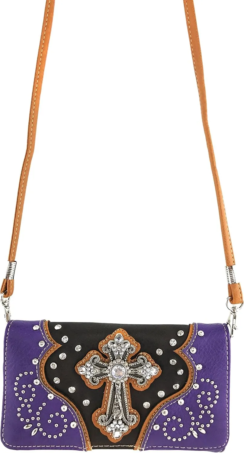 Justin West Floral Studs Laser Cut Western Rhinestone Cross Handbag Purse Conceal Carry