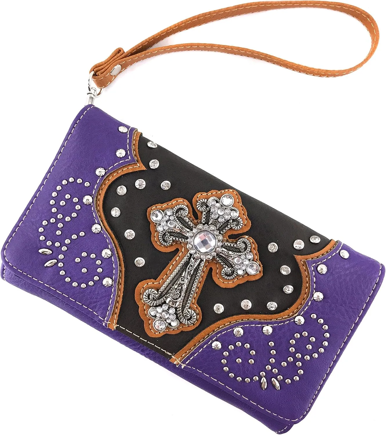 Justin West Floral Studs Laser Cut Western Rhinestone Cross Handbag Purse Conceal Carry