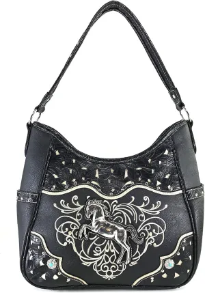 Justin West Horse Embroidery Studded Concealed Carry Handbag Purse Matching Wallet (Black)