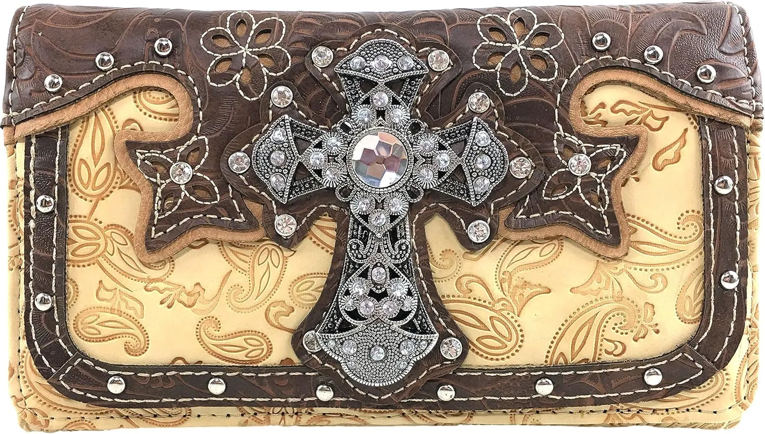 Justin West Paisley Embroidery Floral Tooled Leather Rhinestone Cross Shoulder Concealed Carry Handbag Purse