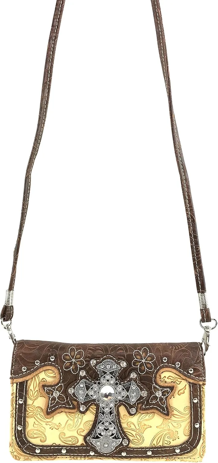 Justin West Paisley Embroidery Floral Tooled Leather Rhinestone Cross Shoulder Concealed Carry Handbag Purse