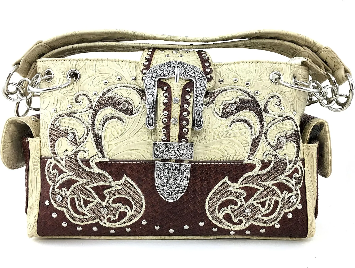 Justin West Purse Laser Cut Rhinestone Silver Buckle Cross Shape Concealed Carry Handbag