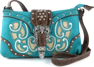 Justin West Purse Laser Cut Rhinestone Silver Buckle Cross Shape Concealed Carry Handbag