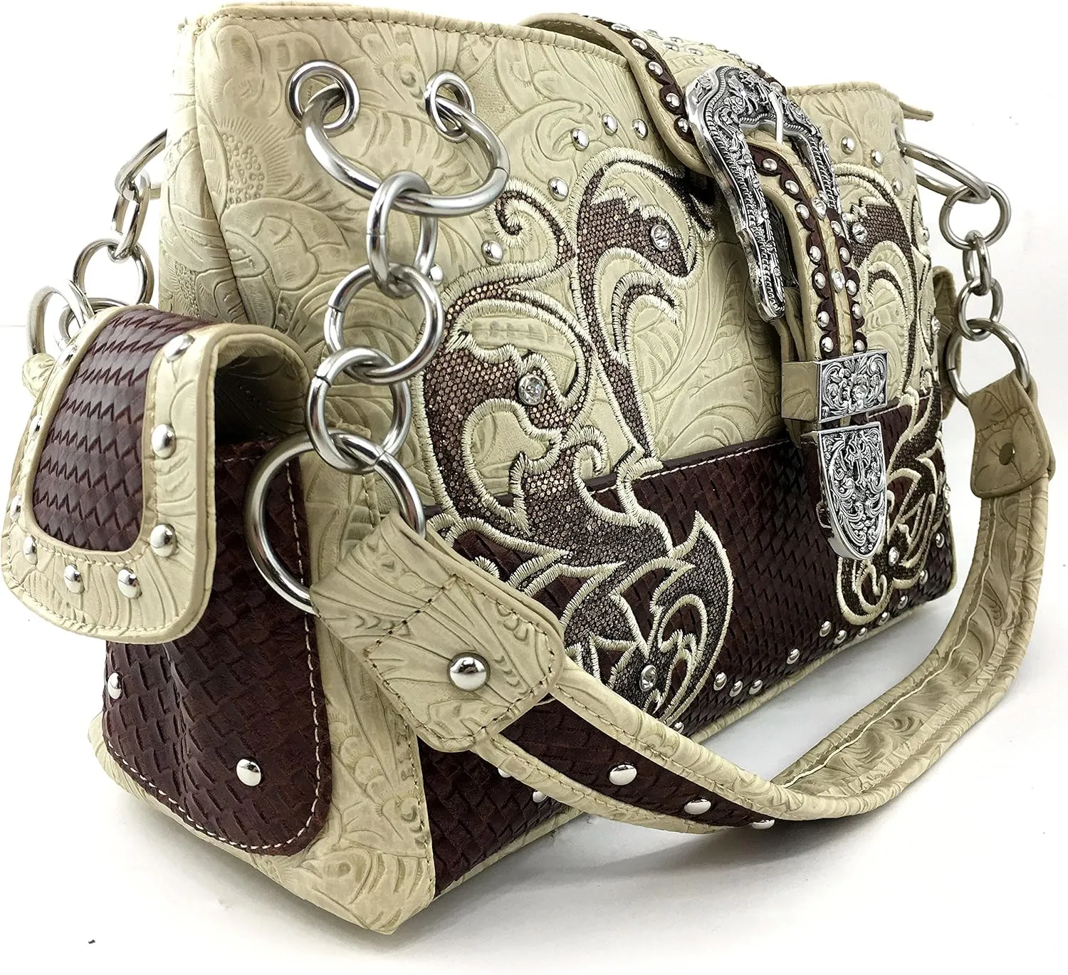 Justin West Purse Laser Cut Rhinestone Silver Buckle Cross Shape Concealed Carry Handbag