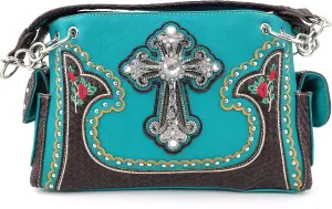 Justin West Rhinestone Cross Embroidery Floral Weave Pattern Concealed Carry Western Handbag Purse