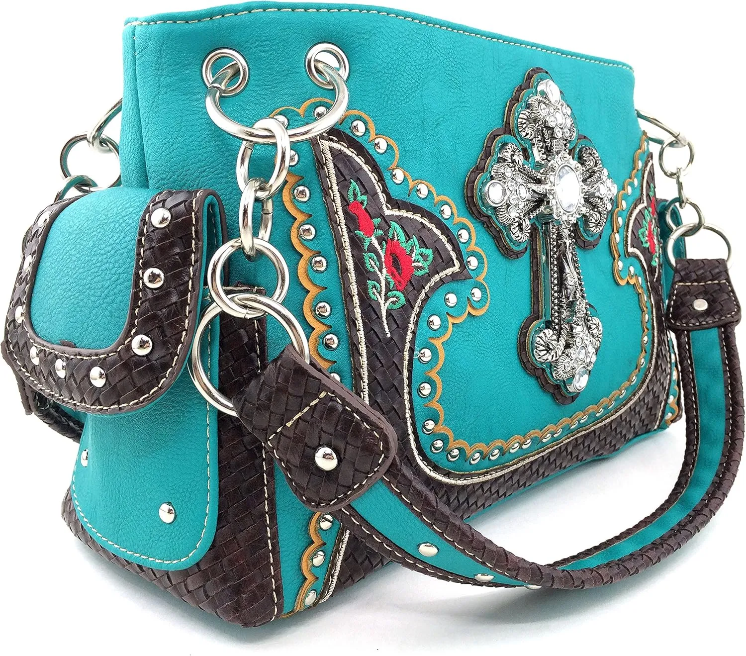 Justin West Rhinestone Cross Embroidery Floral Weave Pattern Concealed Carry Western Handbag Purse