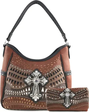 Justin West Studs Laser Cut Triangle Western Rhinestone Cross Handbag Purse Conceal Carry